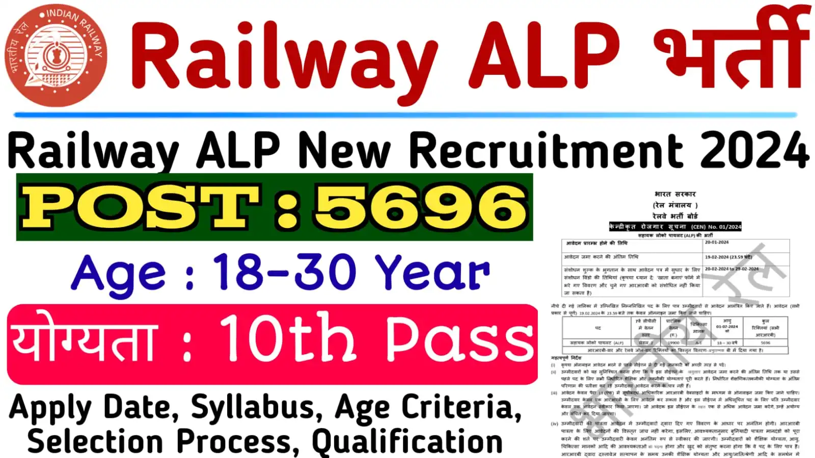 RRB ALP Notification 2024 : रेलवे में 5696 पदों पर बम्पर भर्ती आ गयी ...