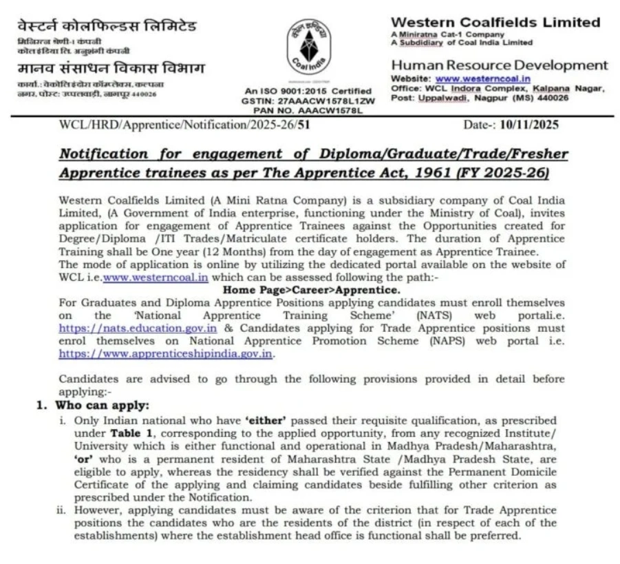 WCL Apprentices Vacancy 2025 Online Apply