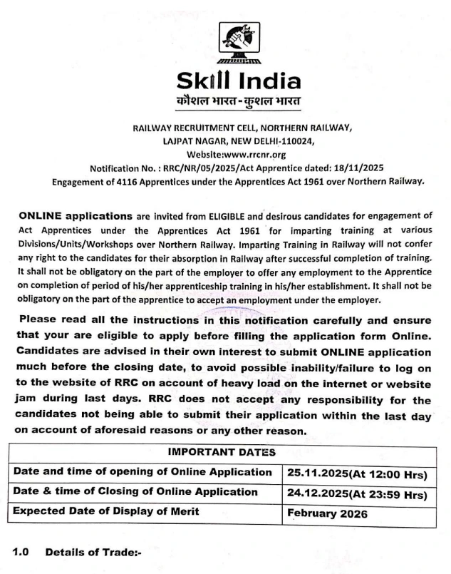 RRC NR Apprentice Vacancy 2025: Online Apply For 4116 Posts, Eligibility, Qualification, Age & Selection Process