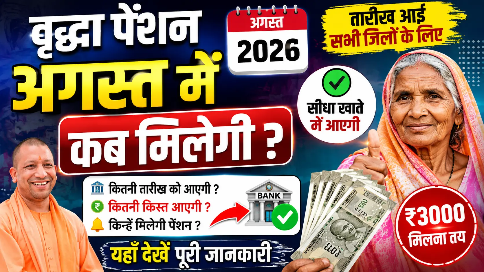 अगस्त में वृद्धा पेंशन कब भेजी जाएगी खाते में क्यों पेंशन नही आ रही : UP Old Age Pension August me Kab Aayegi अगस्त में वृद्धा पेंशन कब भेजी जाएगी खाते में क्यों पेंशन नही आ रही : UP Old Age Pension August me Kab Aayegi